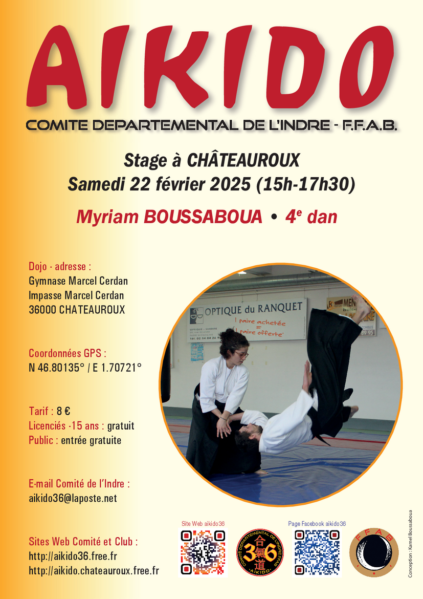 Affiche du Stage d'Aïkido à Châteauroux animé par Myriam Boussaboua le samedi 22 février 2025