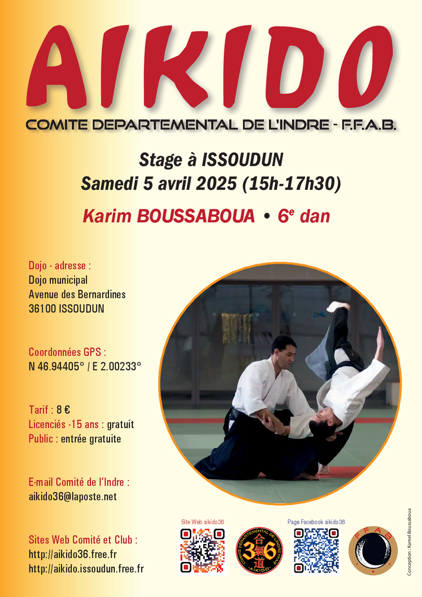 Affiche du Stage d'Aïkido à Issoudun animé par Karim Boussaboua le samedi 5 avril 2025