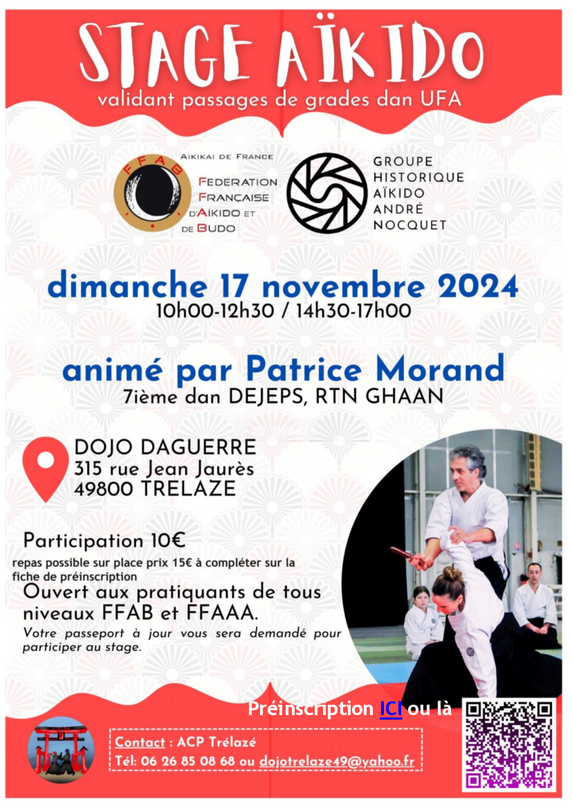 Affiche du Stage d'Aïkido à Trélazé animé par Patrice Morand le dimanche 17 novembre 2024