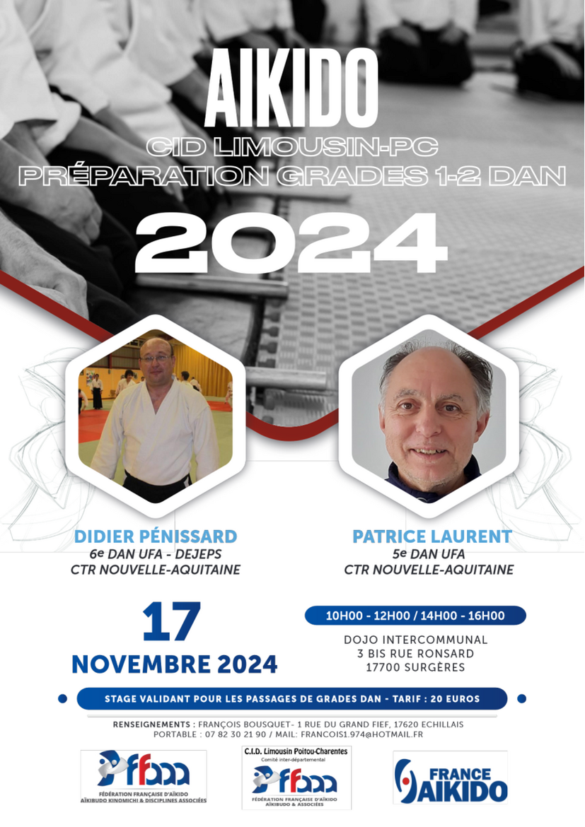 Affiche du Stage d'Aïkido à Surgères animé par Didier Penissard et Patrice Laurent le dimanche 17 novembre 2024