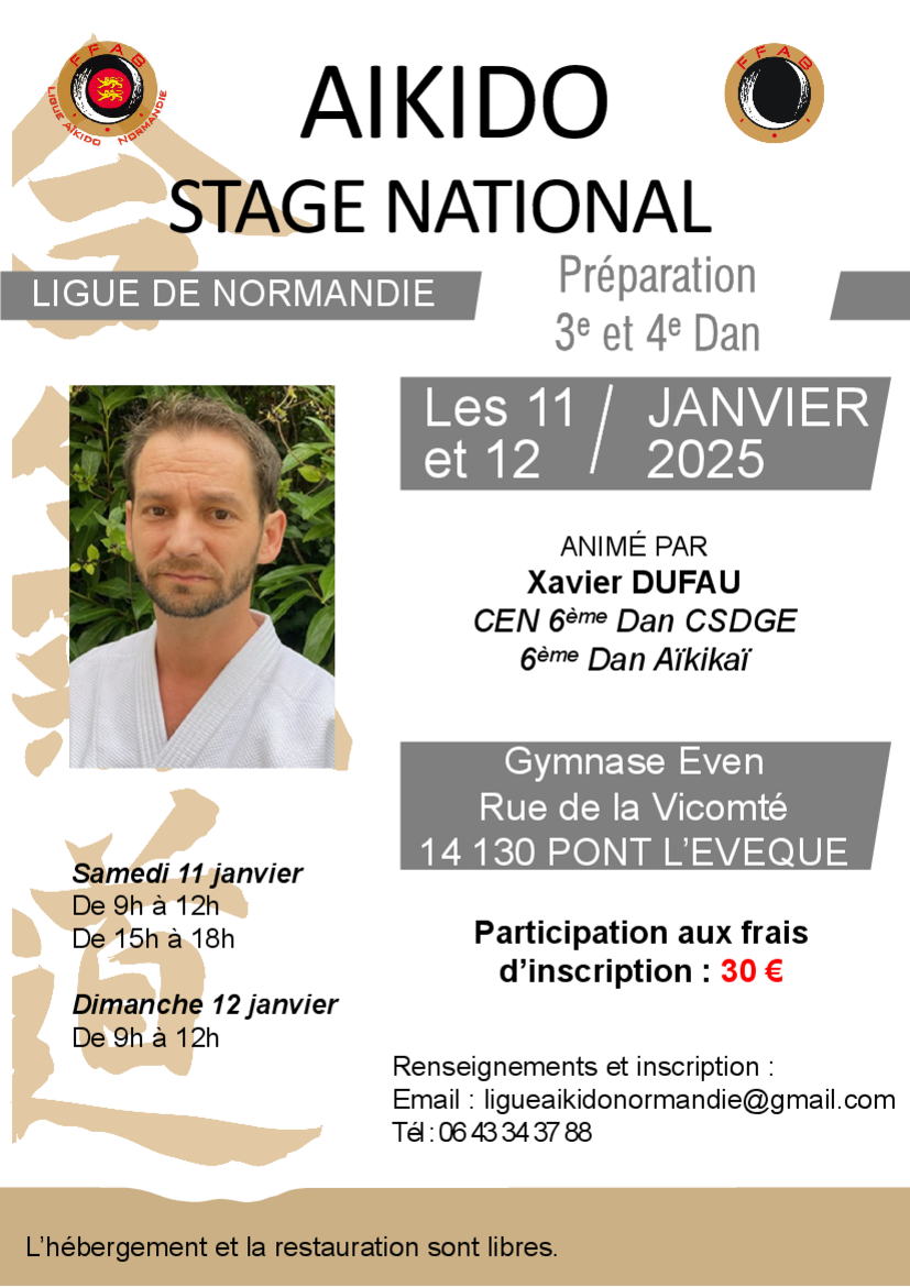 Affiche du Stage d'Aïkido à Pont-l'Évêque animé par Xavier Dufau du samedi 11 janvier 2025 au dimanche 12 janvier 2025