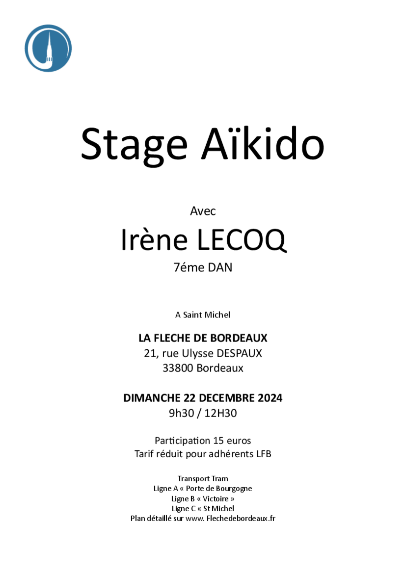 Affiche du Stage d'Aïkido à Bordeaux animé par Irène Lecoq le dimanche 22 décembre 2024