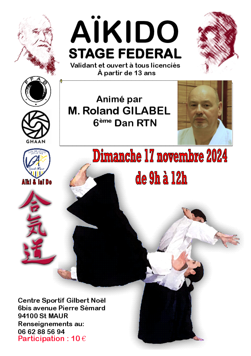 Affiche du Stage d'Aïkido à Saint-Maur-des-Fossés animé par Roland Gilabel le dimanche 17 novembre 2024