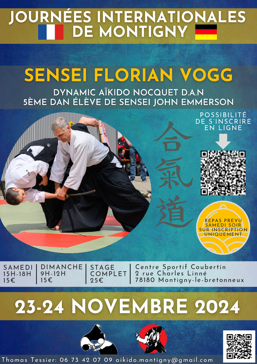 Affiche du Stage d'Aïkido à Montigny-le-Bretonneux animé par Florian Vogg du samedi 23 novembre 2024 au dimanche 24 novembre 2024