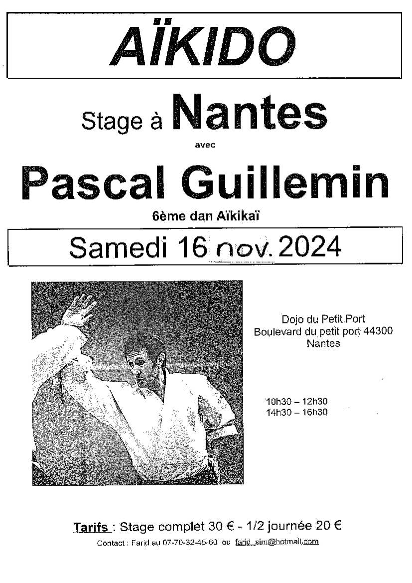 Affiche du Stage d'Aïkido à Nantes animé par Pascal Guillemin le samedi 16 novembre 2024