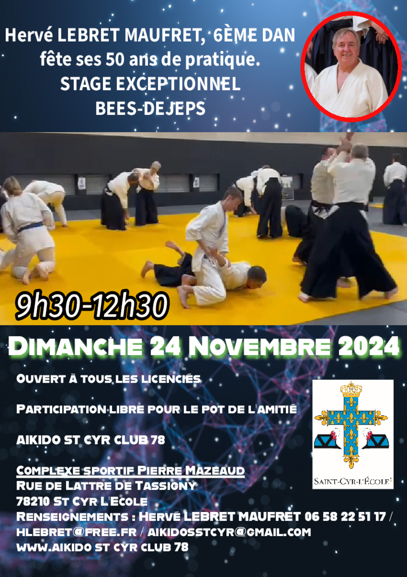 Affiche du Stage d'Aïkido à Saint-Cyr-l'École animé par Hervé Lebret le dimanche 24 novembre 2024