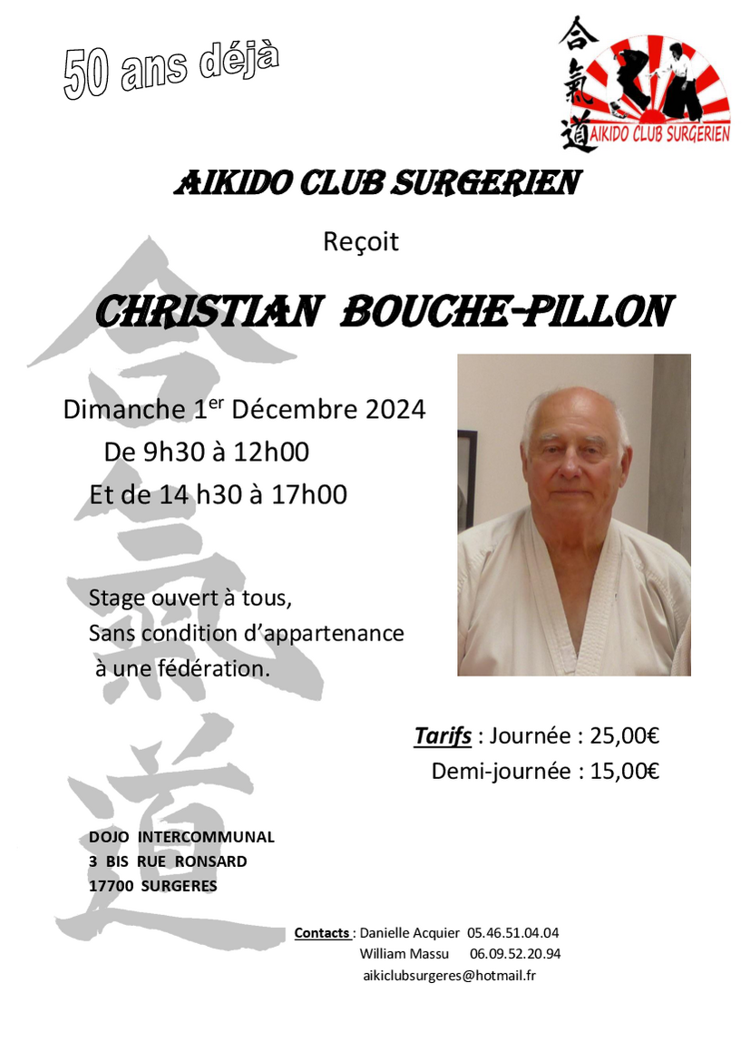 Affiche du Stage d'Aïkido à Surgères animé par Christian Bouché-Pillon le dimanche 1 décembre 2024