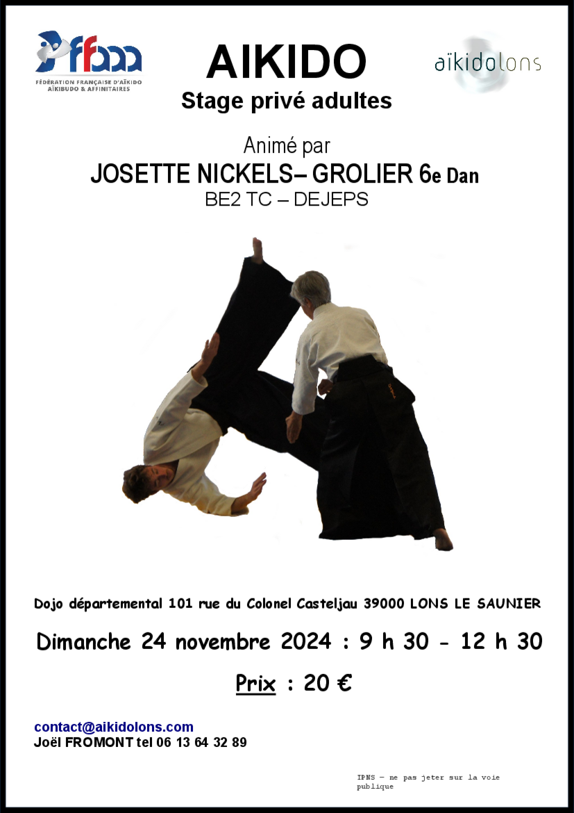 Affiche du Stage d'Aïkido à Lons-le-Saunier animé par Josette Nickels le dimanche 24 novembre 2024