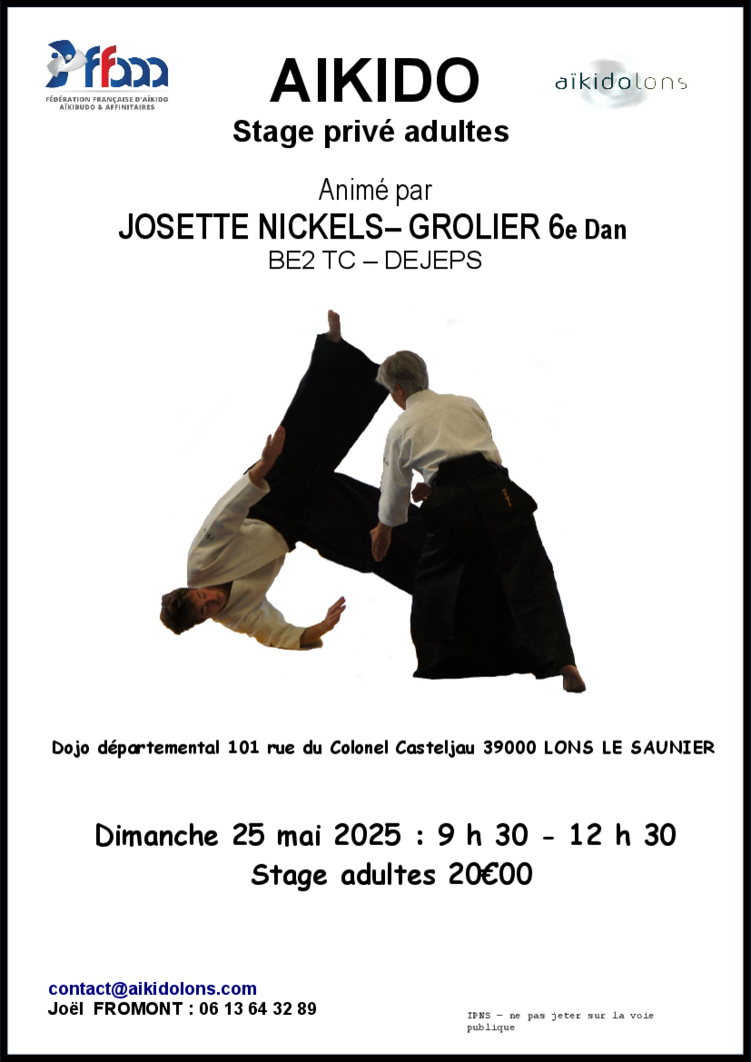 Affiche du Stage d'Aïkido à Lons-le-Saunier animé par Josette Nickels le dimanche 25 mai 2025