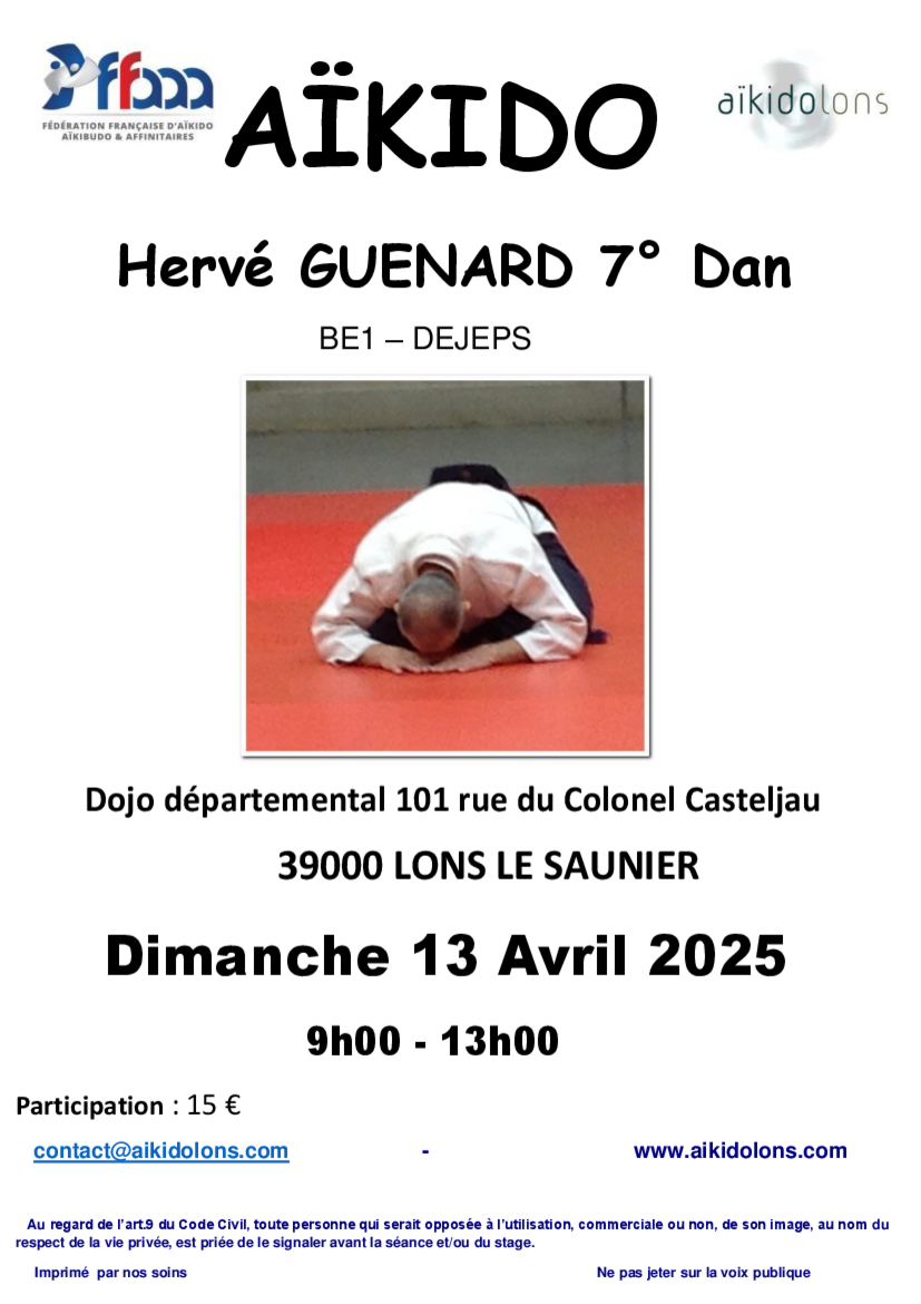 Affiche du Stage d'Aïkido à Lons-le-Saunier animé par Hervé Guénard le dimanche 13 avril 2025