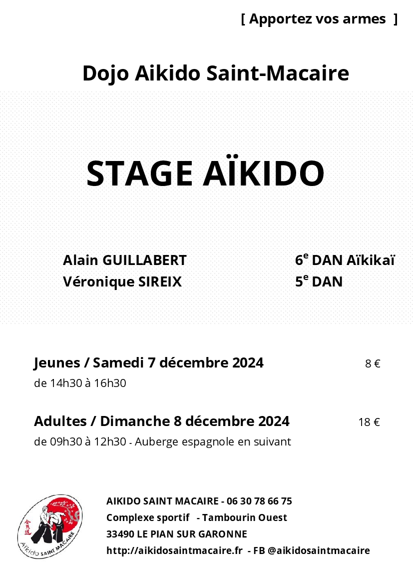 Affiche du Stage d'Aïkido à Le Pian-sur-Garonne animé par Alain Guillabert et Véronique Sireix le samedi 7 décembre 2024