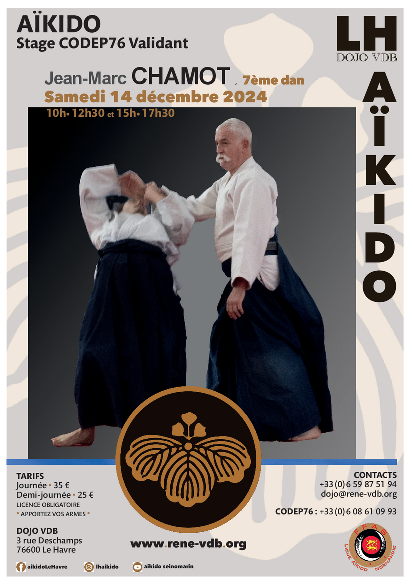 Affiche du Stage d'Aïkido à Le Havre animé par Jean-Marc Chamot le samedi 14 décembre 2024