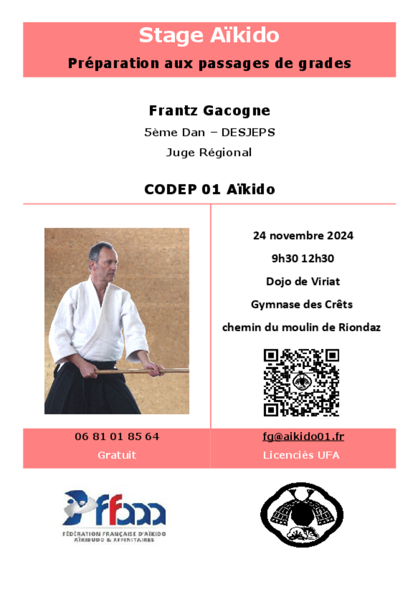 Affiche du Stage d'Aïkido à Viriat animé par Frantz Gacogne le dimanche 24 novembre 2024