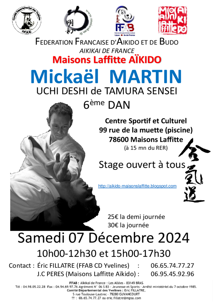 Affiche du Stage d'Aïkido à Maisons-Laffitte animé par Mickaël Martin le samedi 7 décembre 2024