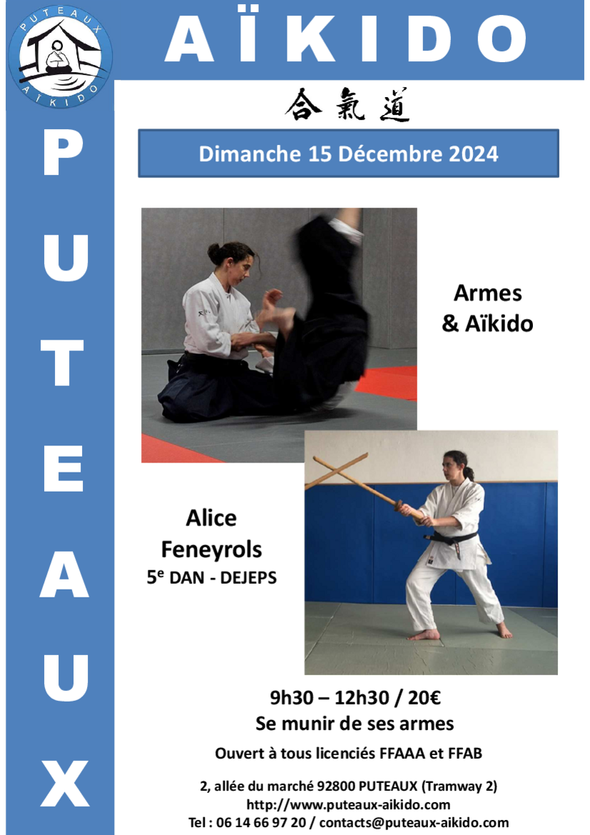 Affiche du Stage d'Aïkido à Puteaux animé par Alice Feneyrols le dimanche 15 décembre 2024