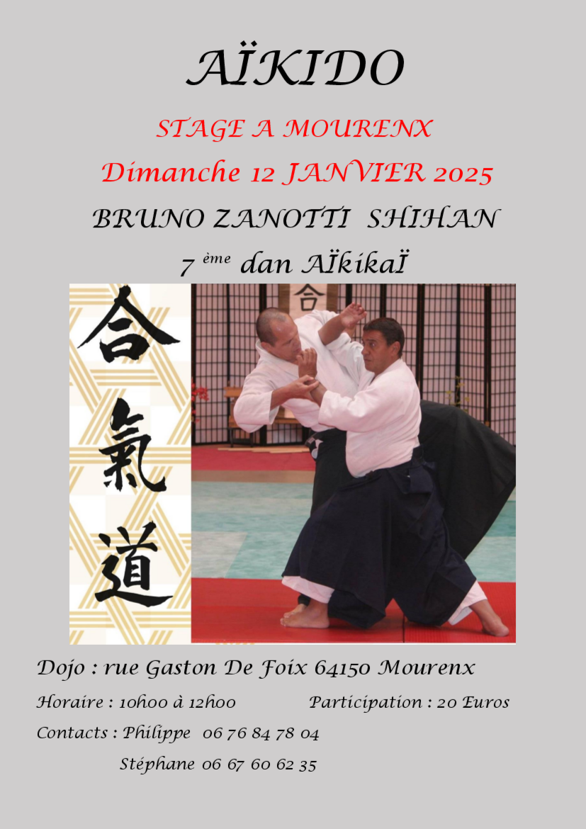 Affiche du Stage d'Aïkido à Mourenx animé par Bruno Zanotti le dimanche 12 janvier 2025