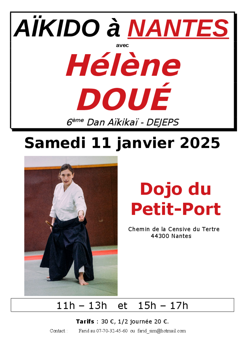 Affiche du Stage d'Aïkido à Nantes animé par Hélène Doué le samedi 11 janvier 2025