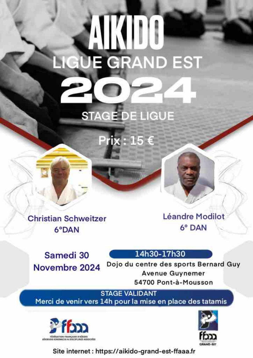 Affiche du Stage d'Aïkido à Pont-à-Mousson animé par Christian Schweitzer et Léandre Modilot le samedi 30 novembre 2024