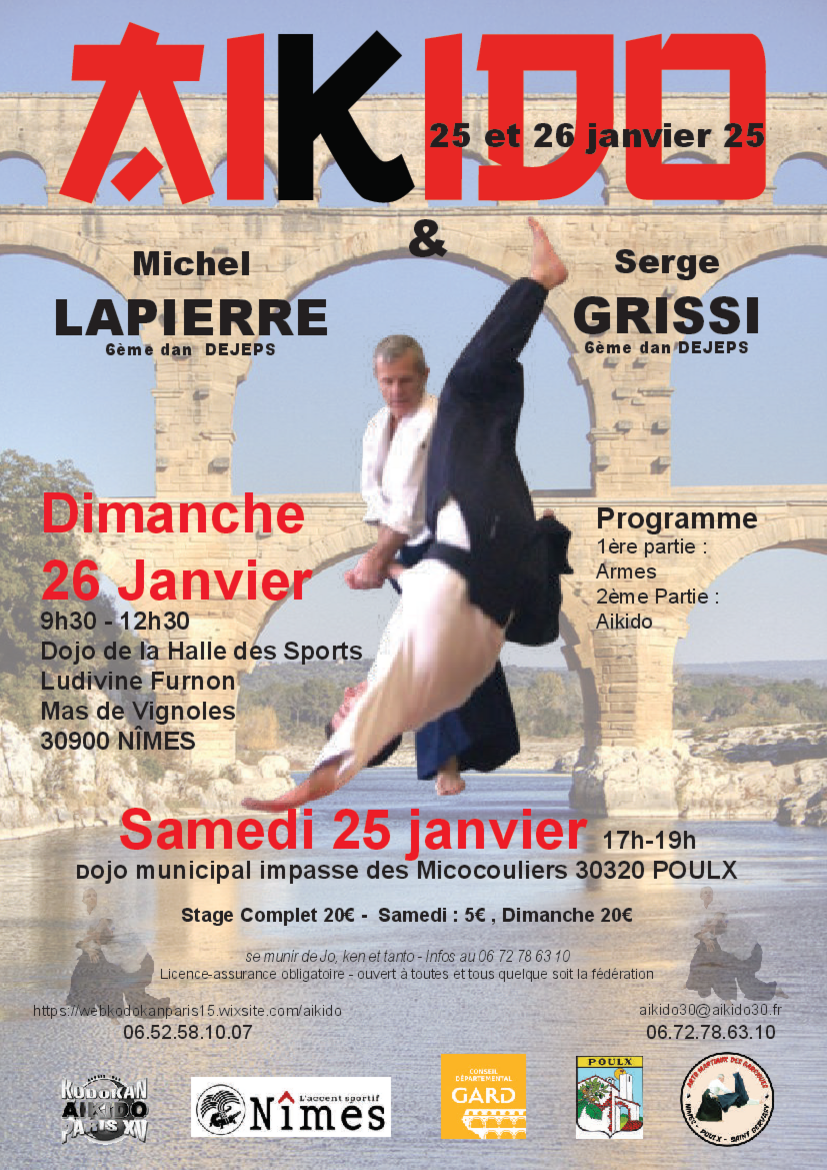 Affiche du Stage d'Aïkido à Nîmes animé par Michel Lapierre et Serge Grissi le dimanche 26 janvier 2025