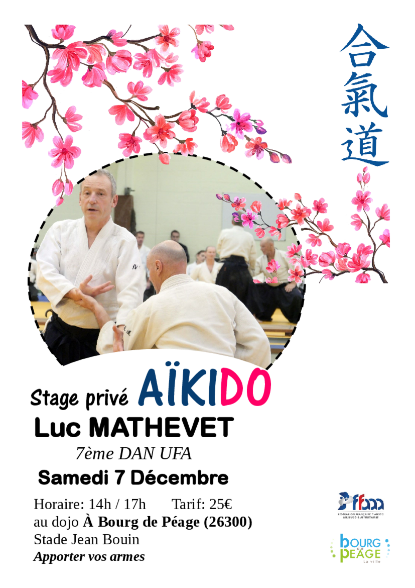 Affiche du Stage d'Aïkido à Bourg-de-Péage animé par Luc Mathevet le samedi 7 décembre 2024