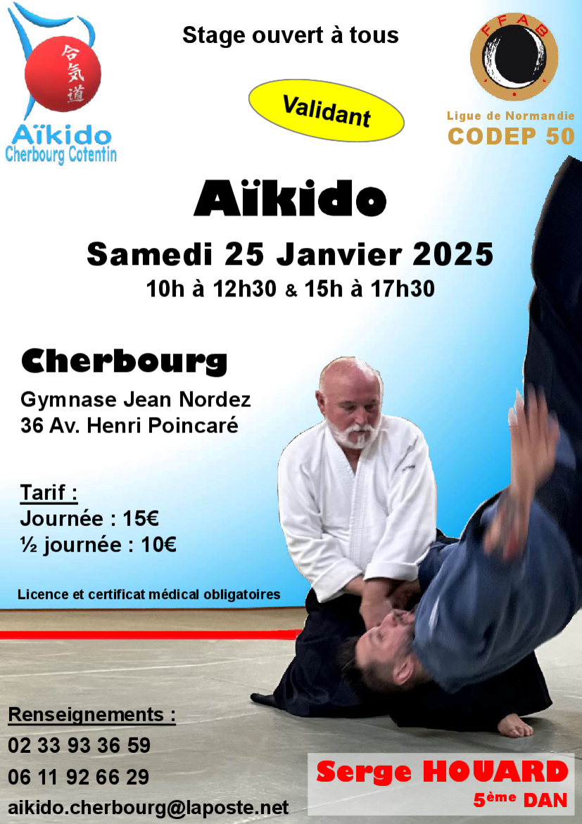 Affiche du Stage d'Aïkido à Cherbourg-en-Cotentin animé par Serge Houard le samedi 25 janvier 2025