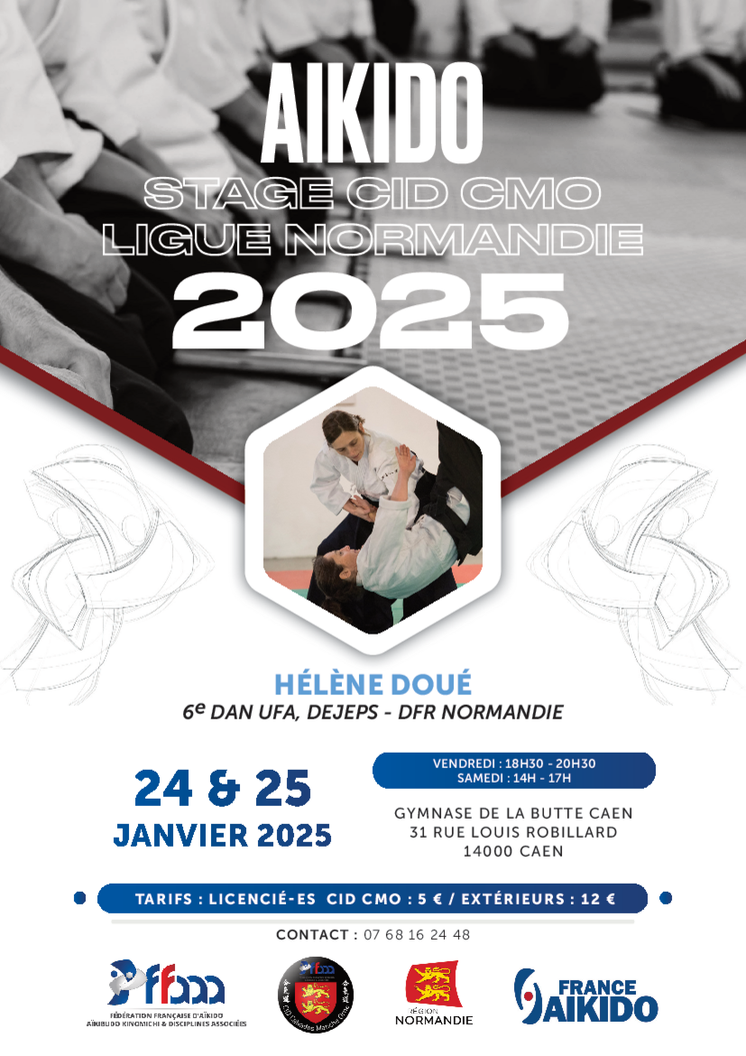 Affiche du Stage d'Aïkido à Caen animé par Hélène Doué du vendredi 24 janvier 2025 au samedi 25 janvier 2025