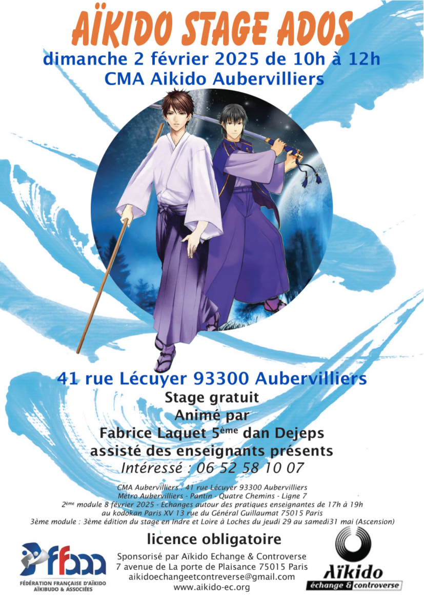 Affiche du Stage d'Aïkido à Aubervilliers animé par Michel Lapierre et Arnaud Waltz et Fabrice Laquet le dimanche 2 février 2025