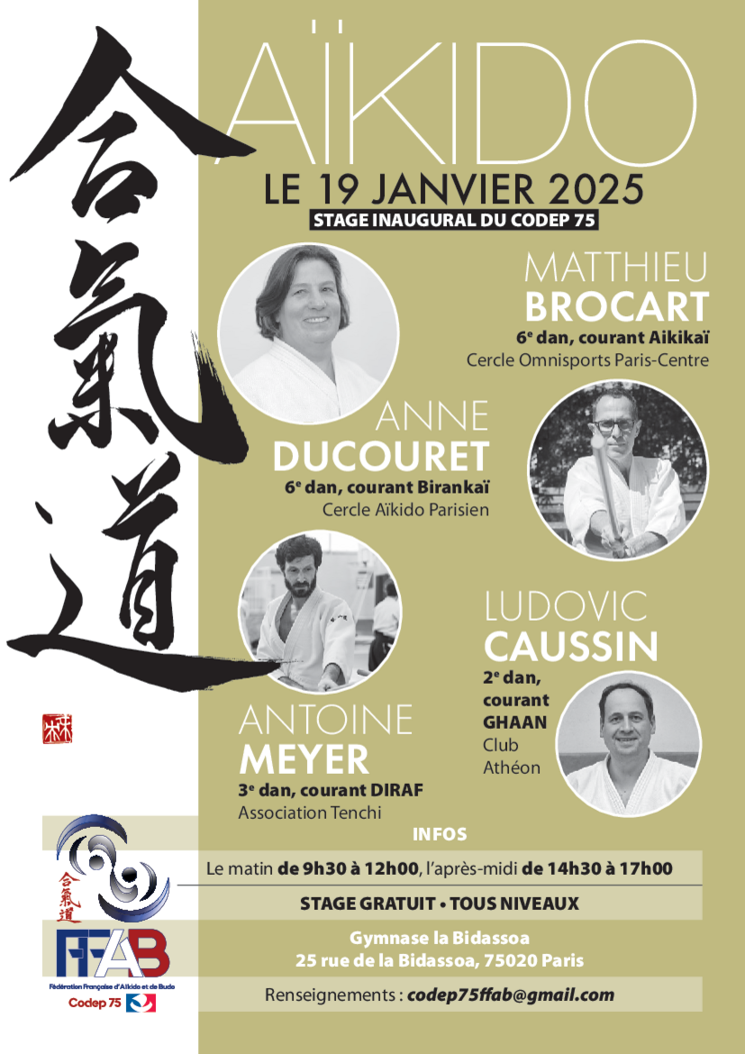 Affiche du Stage d'Aïkido à Paris animé par Matthieu Brocart et Anne Ducouret et Ludovic Caussin et Antoine Meyer le dimanche 19 janvier 2025