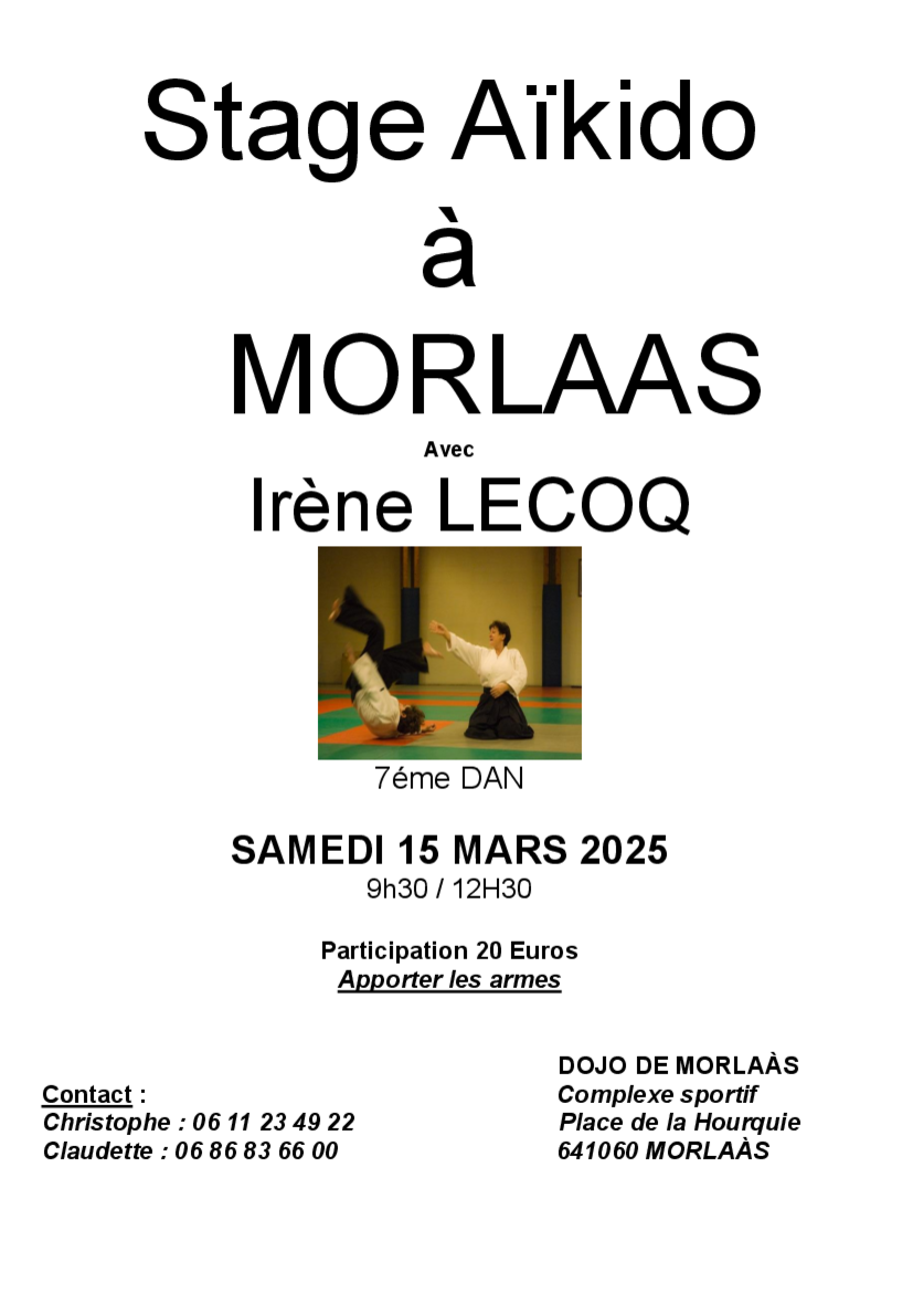 Affiche du Stage d'Aïkido à Morlaas animé par Irène Lecoq le samedi 15 mars 2025