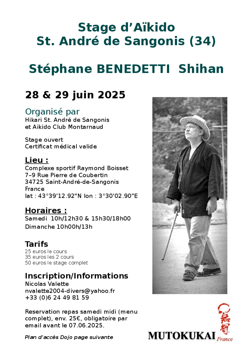 Affiche du Stage d'Aïkido à Saint-André-de-Sangonis animé par Stéphane Benedetti du samedi 28 juin 2025 au dimanche 29 juin 2025