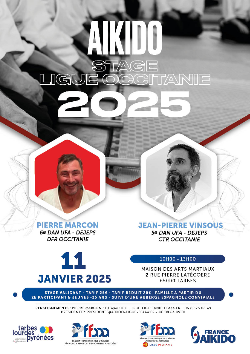 Affiche du Stage d'Aïkido à Tarbes animé par Pierre Marcon et Jean-Pierre Vinsous le samedi 11 janvier 2025