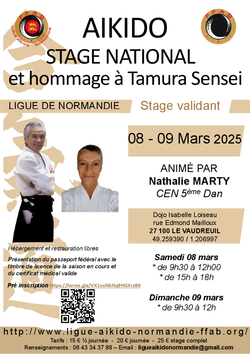 Affiche du Stage d'Aïkido à Le Vaudreuil animé par Nathalie Marty du samedi 8 mars 2025 au dimanche 9 mars 2025