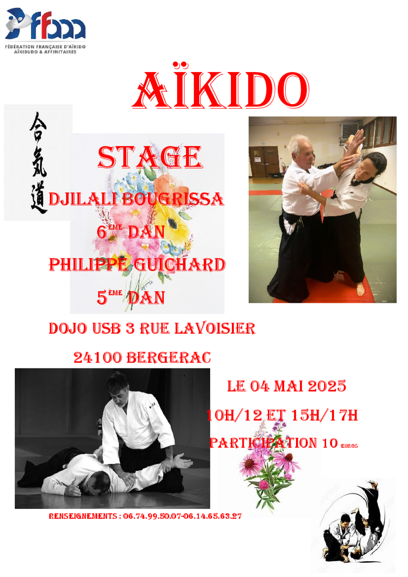 Affiche du Stage d'Aïkido à Bergerac animé par Philippe Guichard et Djillali Bougrissa le dimanche 4 mai 2025