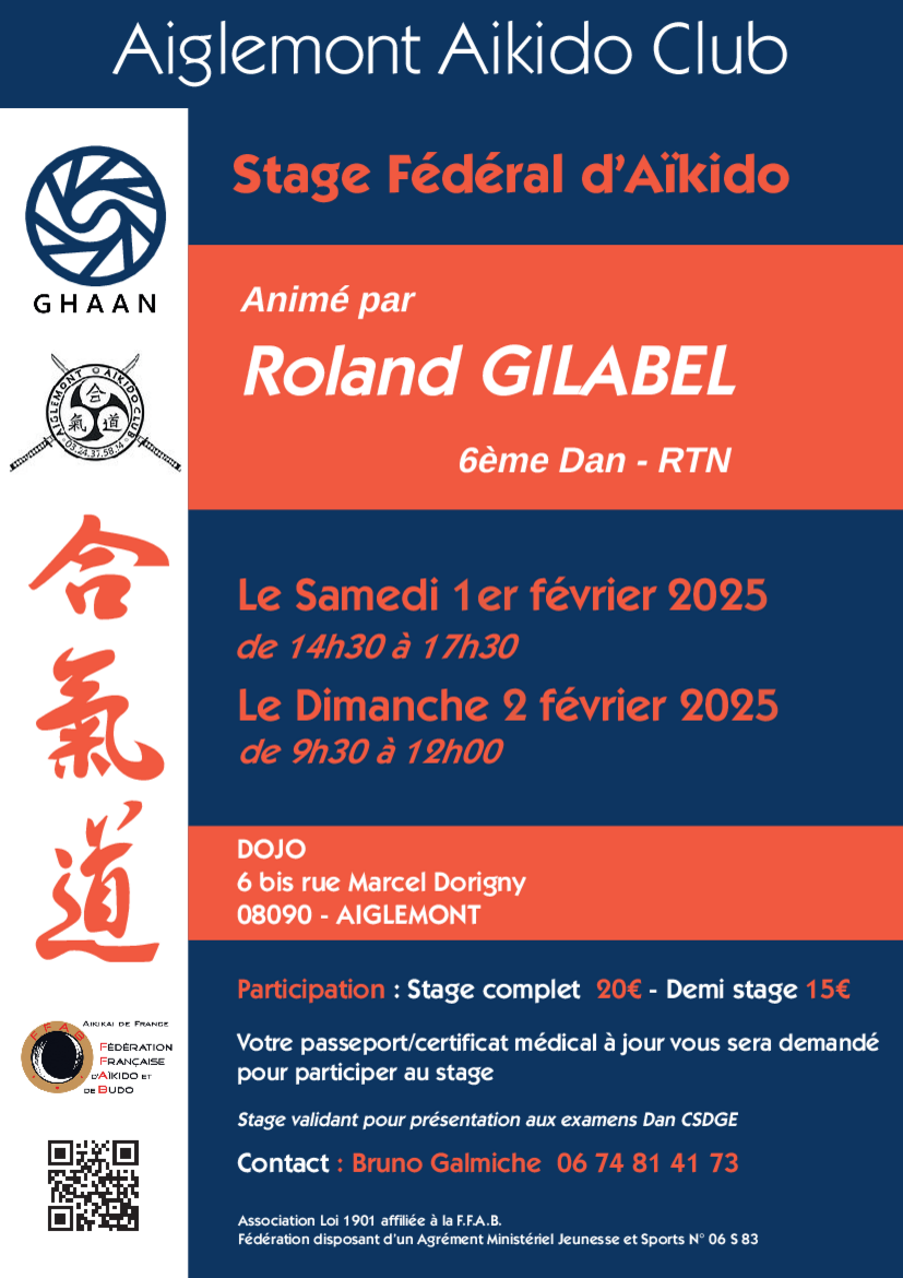 Affiche du Stage d'Aïkido à Aiglemont animé par Roland Gilabel du samedi 1 février 2025 au dimanche 2 février 2025