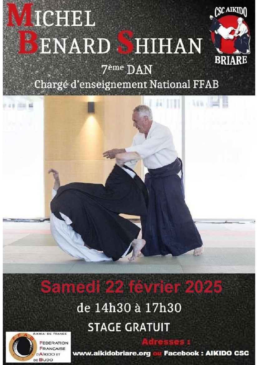 Affiche du Stage d'Aïkido à Briare animé par Michel Benard le samedi 22 février 2025