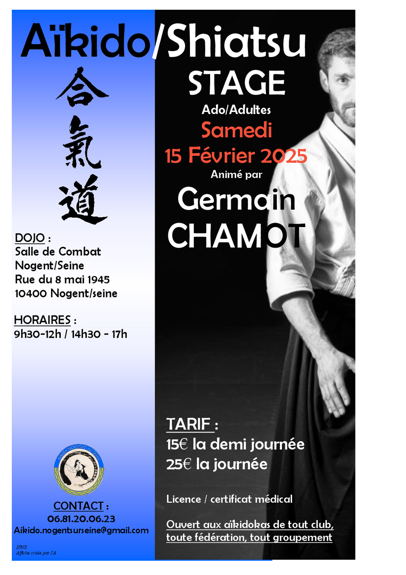 Affiche du Stage d'Aïkido à Nogent-sur-Seine animé par Germain Chamot le samedi 15 février 2025