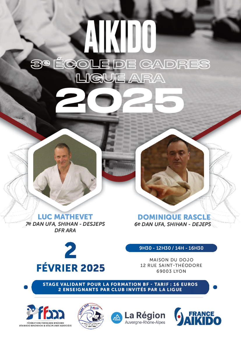 Affiche du Stage d'Aïkido à Lyon animé par Luc Mathevet et Dominique Rascle le dimanche 2 février 2025