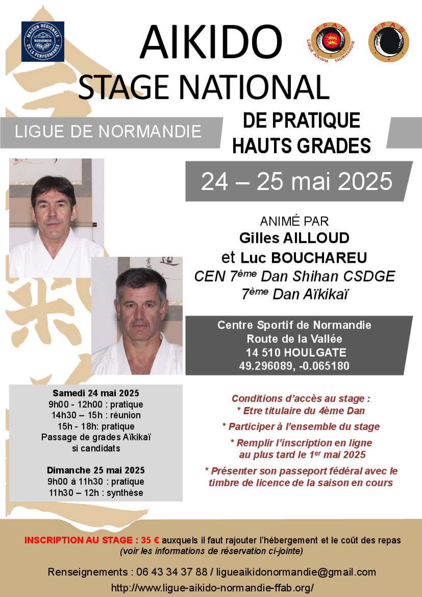 Affiche du Stage d'Aïkido à Houlgate animé par Luc Bouchareu et Gilles Ailloud du samedi 24 mai 2025 au dimanche 25 mai 2025