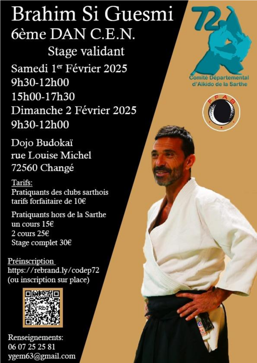 Affiche du Stage d'Aïkido à Changé animé par Brahim Si Guesmi du samedi 1 février 2025 au dimanche 2 février 2025