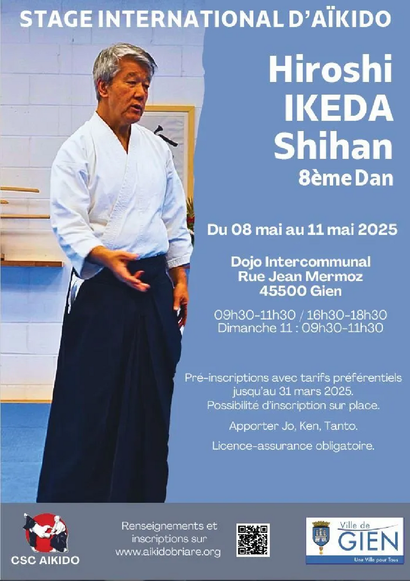 Affiche du Stage d'Aïkido à Gien animé par Hiroshi Ikeda du jeudi 8 mai 2025 au dimanche 11 mai 2025