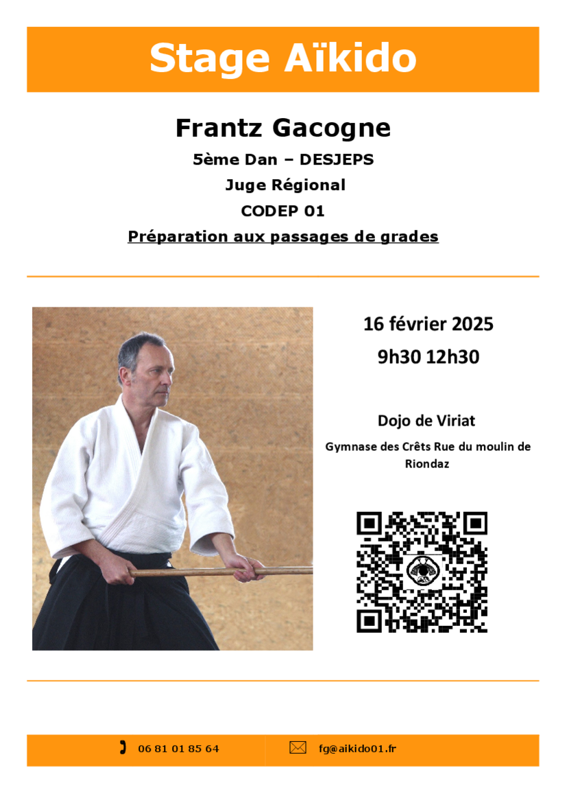 Affiche du Stage d'Aïkido à Viriat animé par Frantz Gacogne le dimanche 16 février 2025