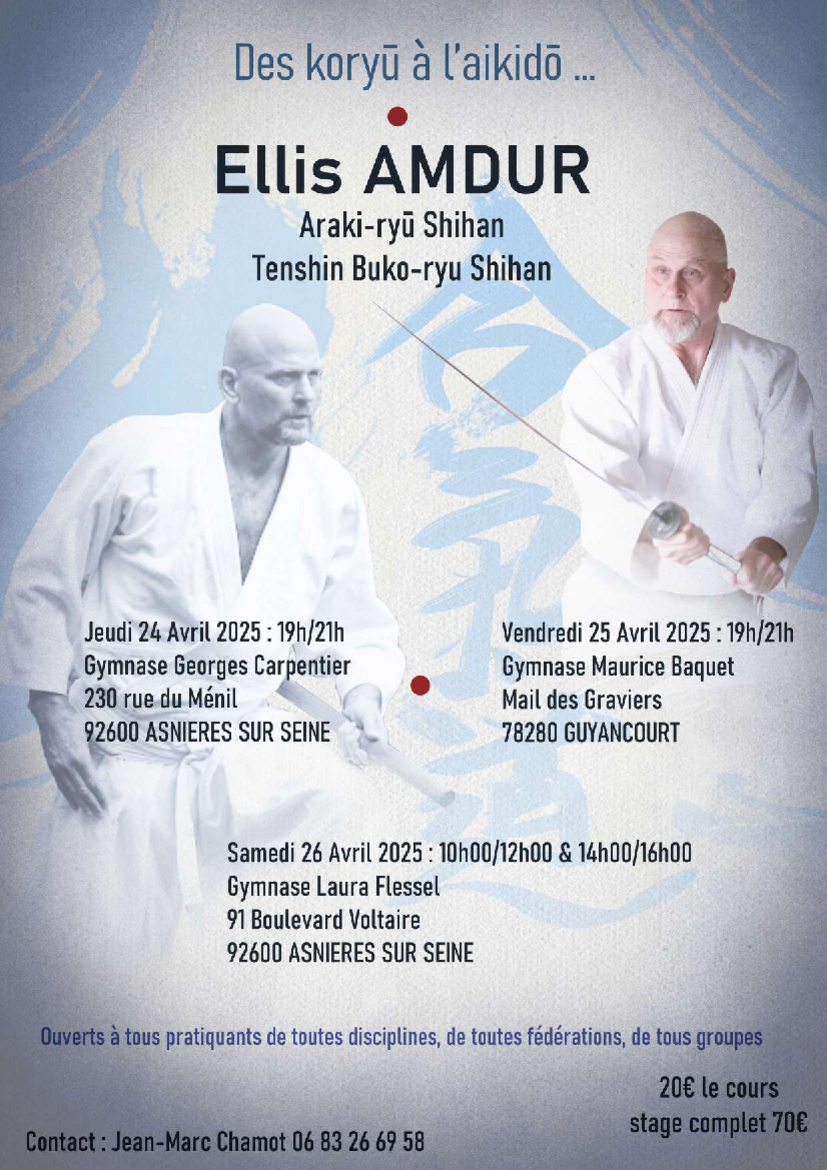 Affiche du Stage d'Aïkido à Asnières-sur-Seine animé par Ellis Amdur le samedi 26 avril 2025