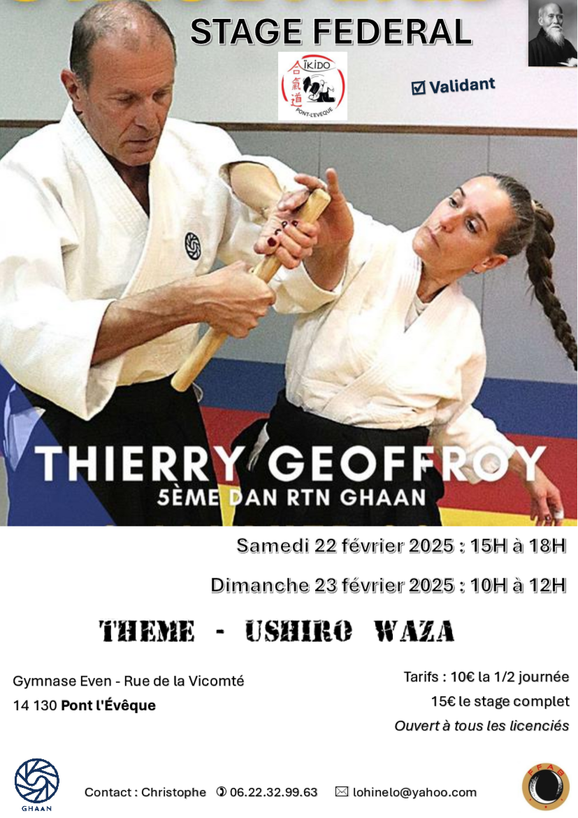 Affiche du Stage d'Aïkido à Pont-l'Évêque animé par Thierry Geoffroy du samedi 22 février 2025 au dimanche 23 février 2025