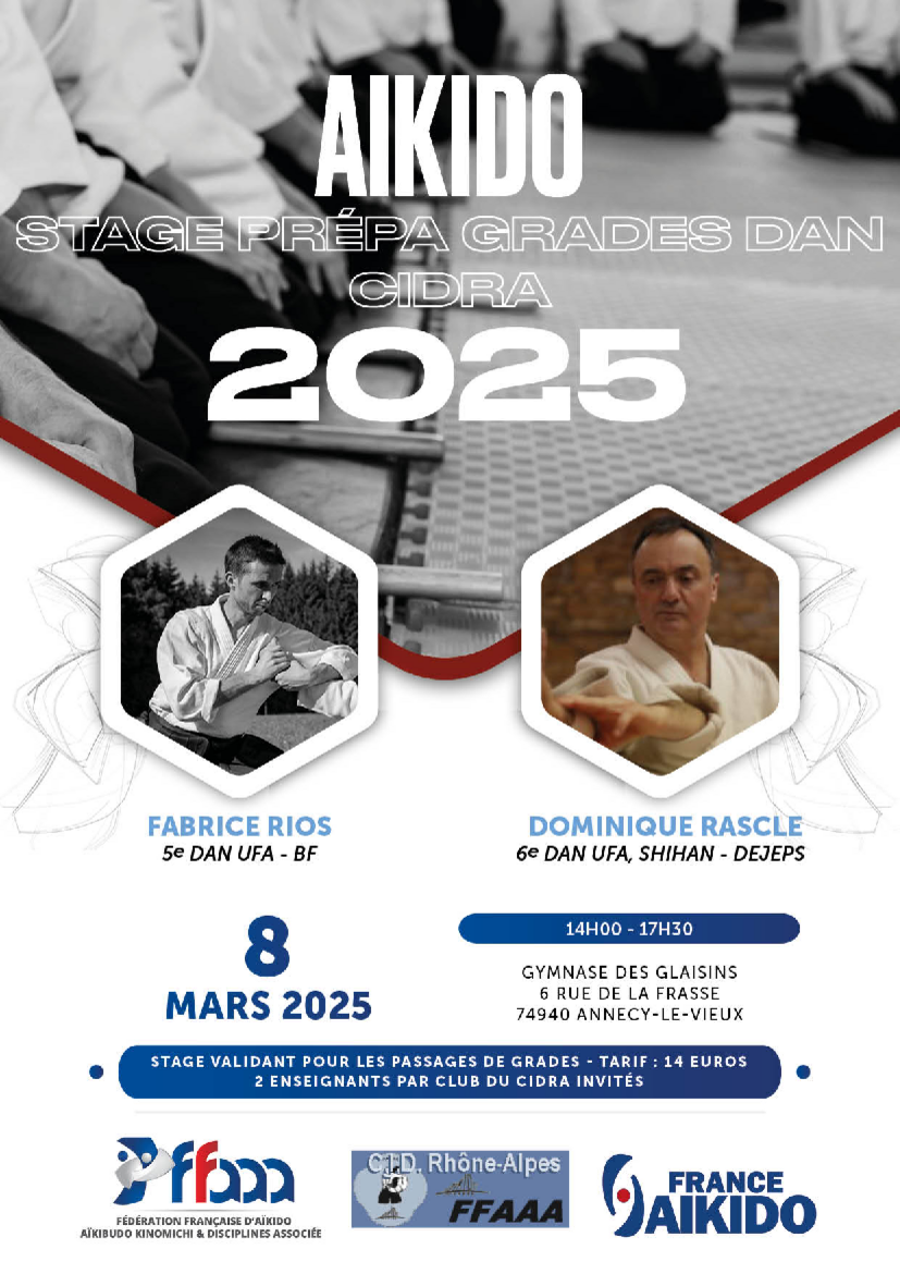 Affiche du Stage d'Aïkido à Annecy-le-Vieux animé par Dominique Rascle et Fabrice Rios le samedi 8 mars 2025