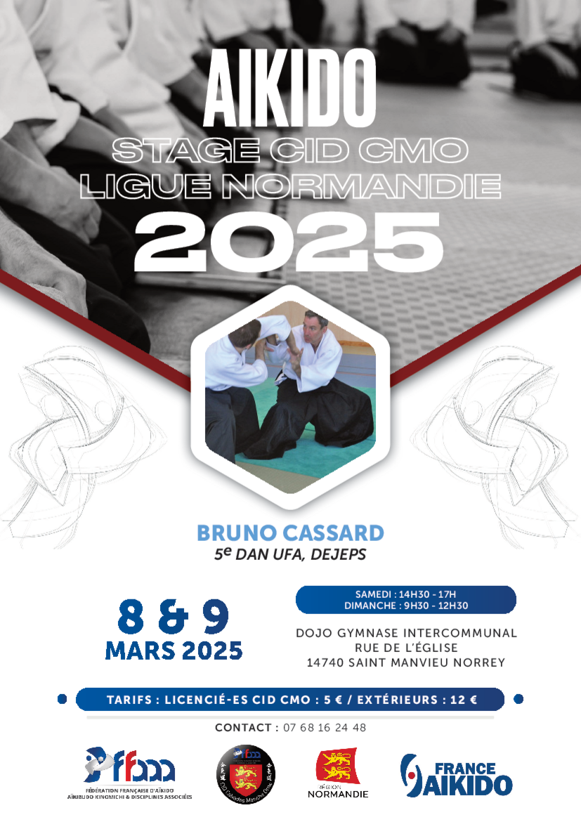 Affiche du Stage d'Aïkido à Saint-Manvieu-Norrey animé par Bruno Cassard du samedi 8 mars 2025 au dimanche 9 mars 2025