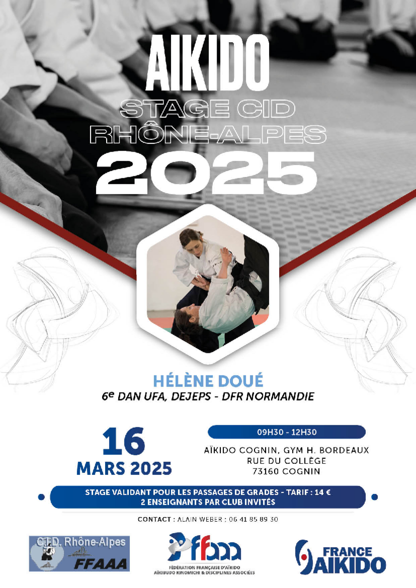 Affiche du Stage d'Aïkido à Cognin animé par Hélène Doué le samedi 15 mars 2025