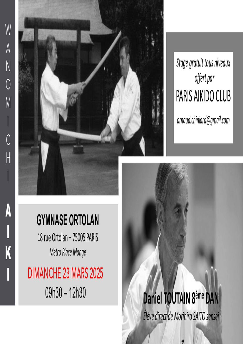 Affiche du Stage d'Aïkido à Paris animé par Daniel Toutain le dimanche 23 mars 2025