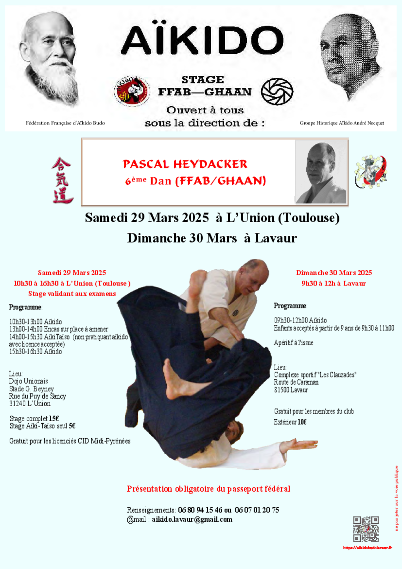 Affiche du Stage d'Aïkido à Gaillac animé par Pascal Heydacker le dimanche 30 mars 2025