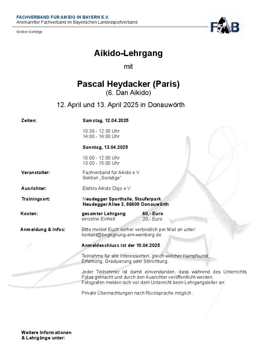 Affiche du Stage d'Aïkido à Donauworth animé par Pascal Heydacker du samedi 12 avril 2025 au dimanche 13 avril 2025