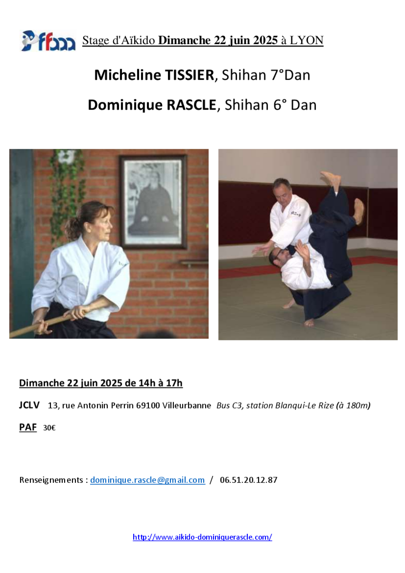 Affiche du Stage d'Aïkido à Villeurbanne animé par Micheline Vaillant-Tissier et Dominique Rascle le dimanche 22 juin 2025